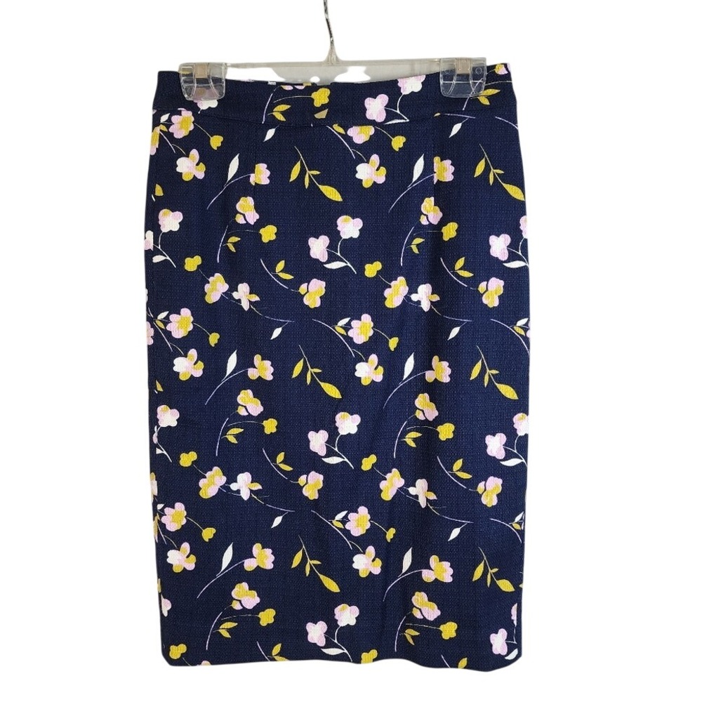 BODEN Size 2 Blue Floral Cotton Tweed Canvas Knee Length Lined‎ Pencil Skirt